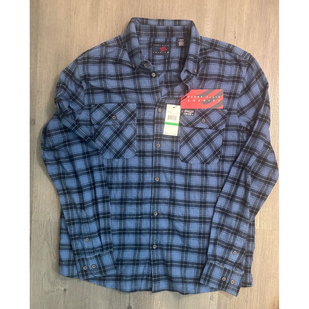 Perry Ellis Flannel Shirt Mens L Blue Plaid Long Sleeve Button Down EHFW9005